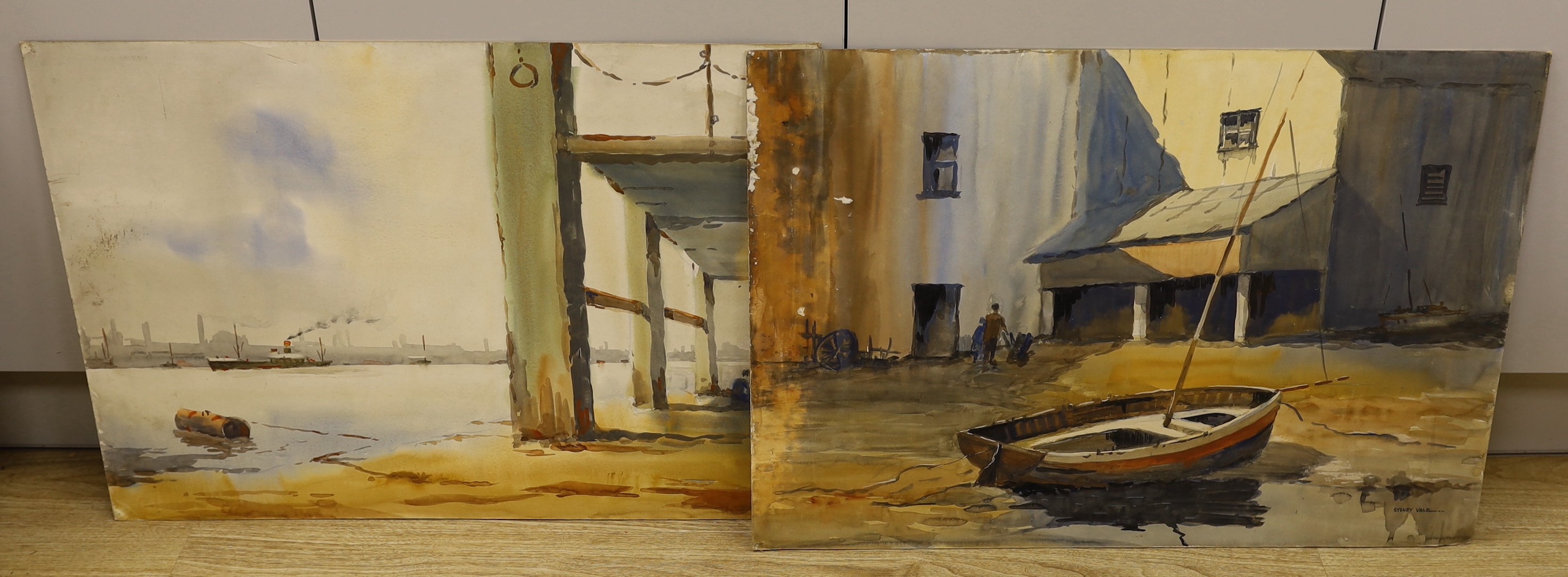 Sydney Vale (b.1916) Wapping Group, two watercolours, Fishing boat at low tide and Harbour scene, one signed, 54 x 76cm, unframed (damp damage)